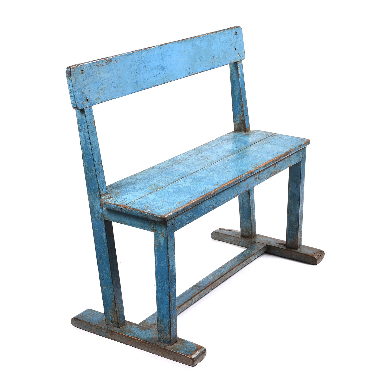 Angled View Of Painted Indian Teak School Bench - Ca 1930 | Indigo Antiques