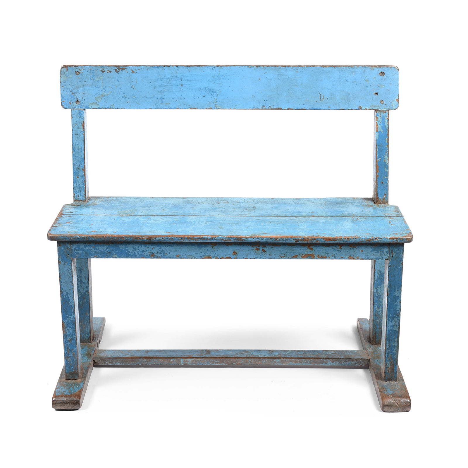 Angled View Of Painted Indian Teak School Bench - Ca 1930 | Indigo Antiques