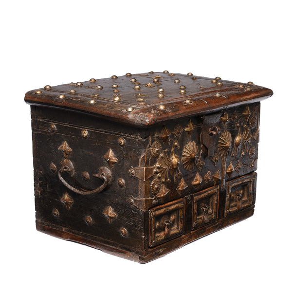 Brass Studded Rosewood Jewellery Box From Kutch - 19thC
