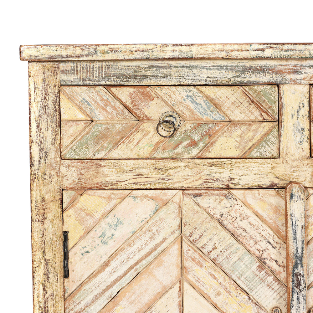 Corner Detail From Reclaimed 2 Door Indian Parquet Teak Side Cabinet | Indigo Antiques