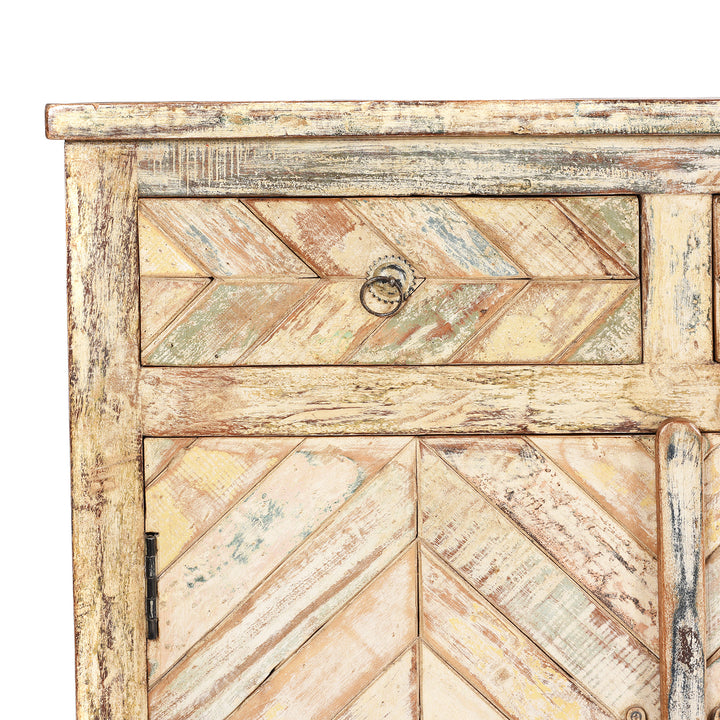 Corner Detail From Reclaimed 2 Door Indian Parquet Teak Side Cabinet | Indigo Antiques