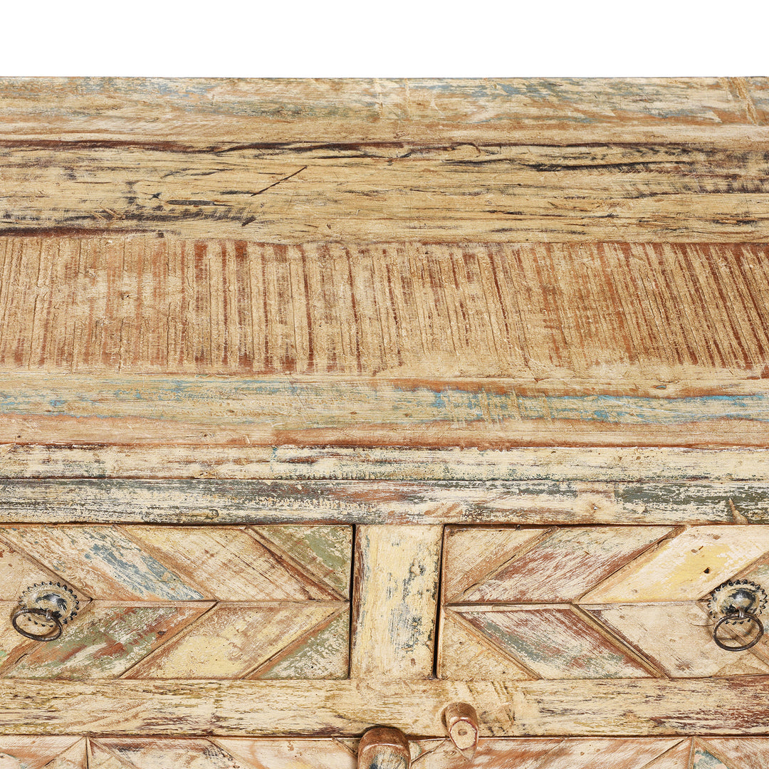 Surface Top Detail From Reclaimed 2 Door Indian Parquet Teak Side Cabinet | Indigo Antiques