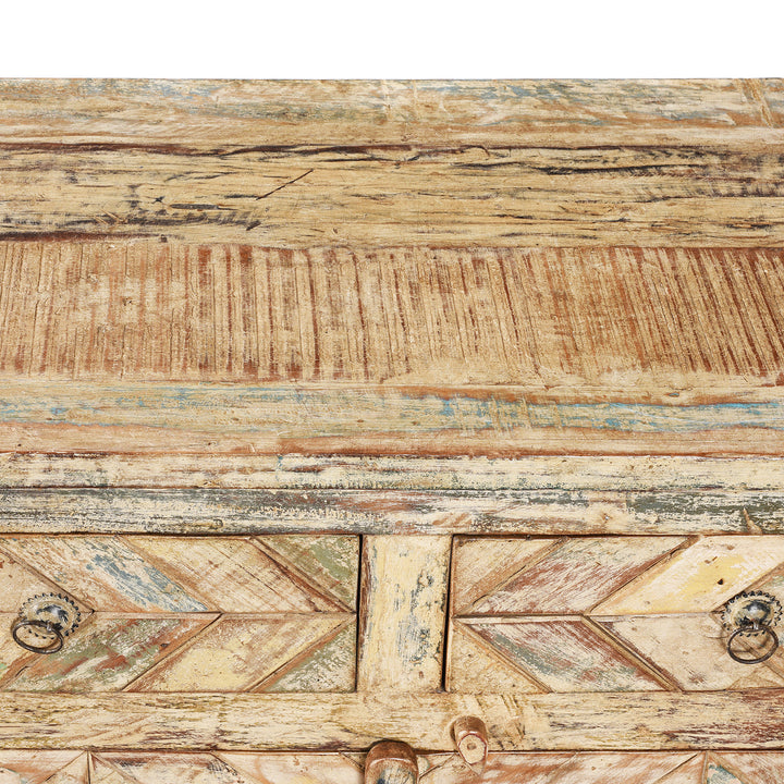 Surface Top Detail From Reclaimed 2 Door Indian Parquet Teak Side Cabinet | Indigo Antiques