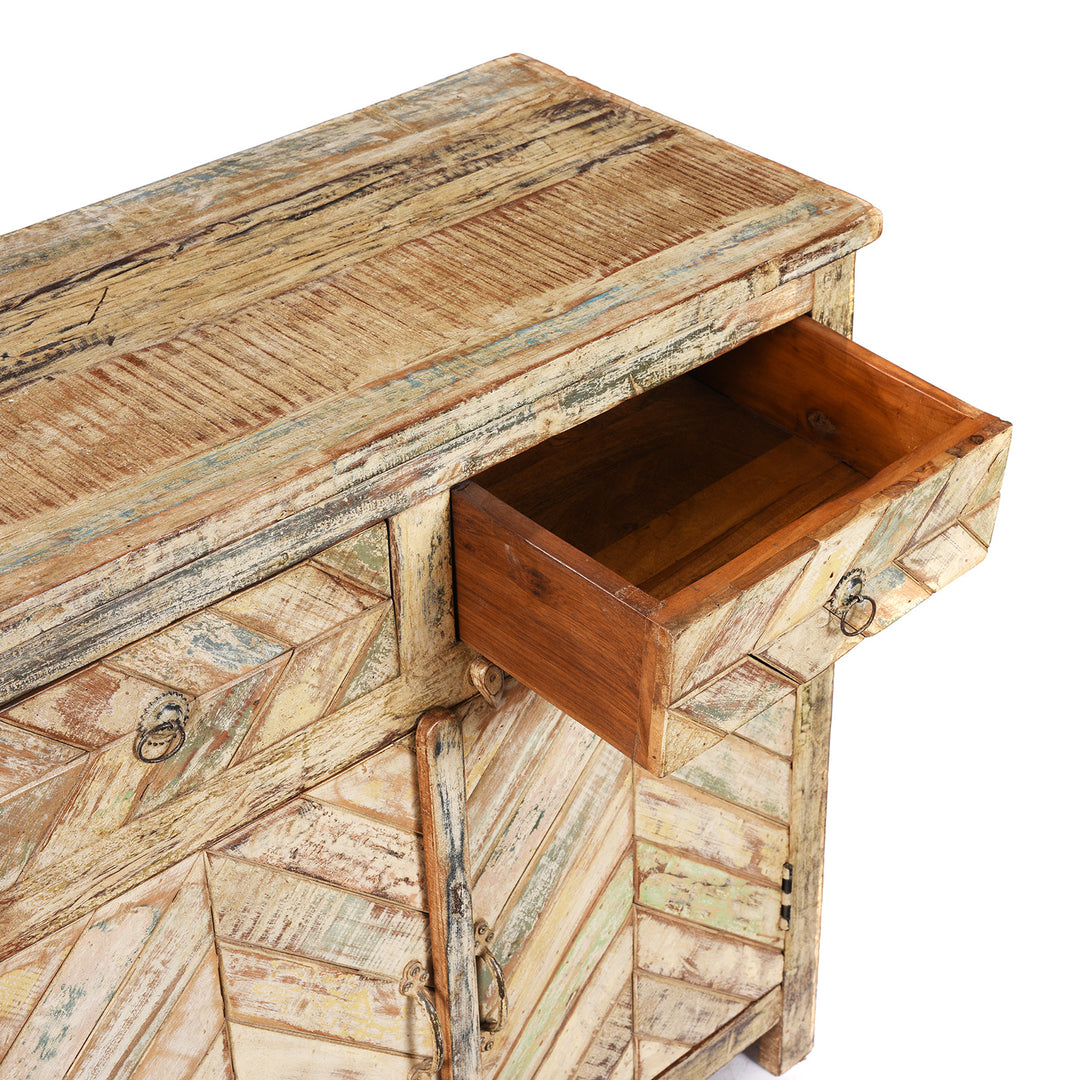 Drawer Detail From Reclaimed 2 Door Indian Parquet Teak Side Cabinet | Indigo Antiques