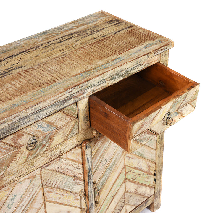 Drawer Detail From Reclaimed 2 Door Indian Parquet Teak Side Cabinet | Indigo Antiques