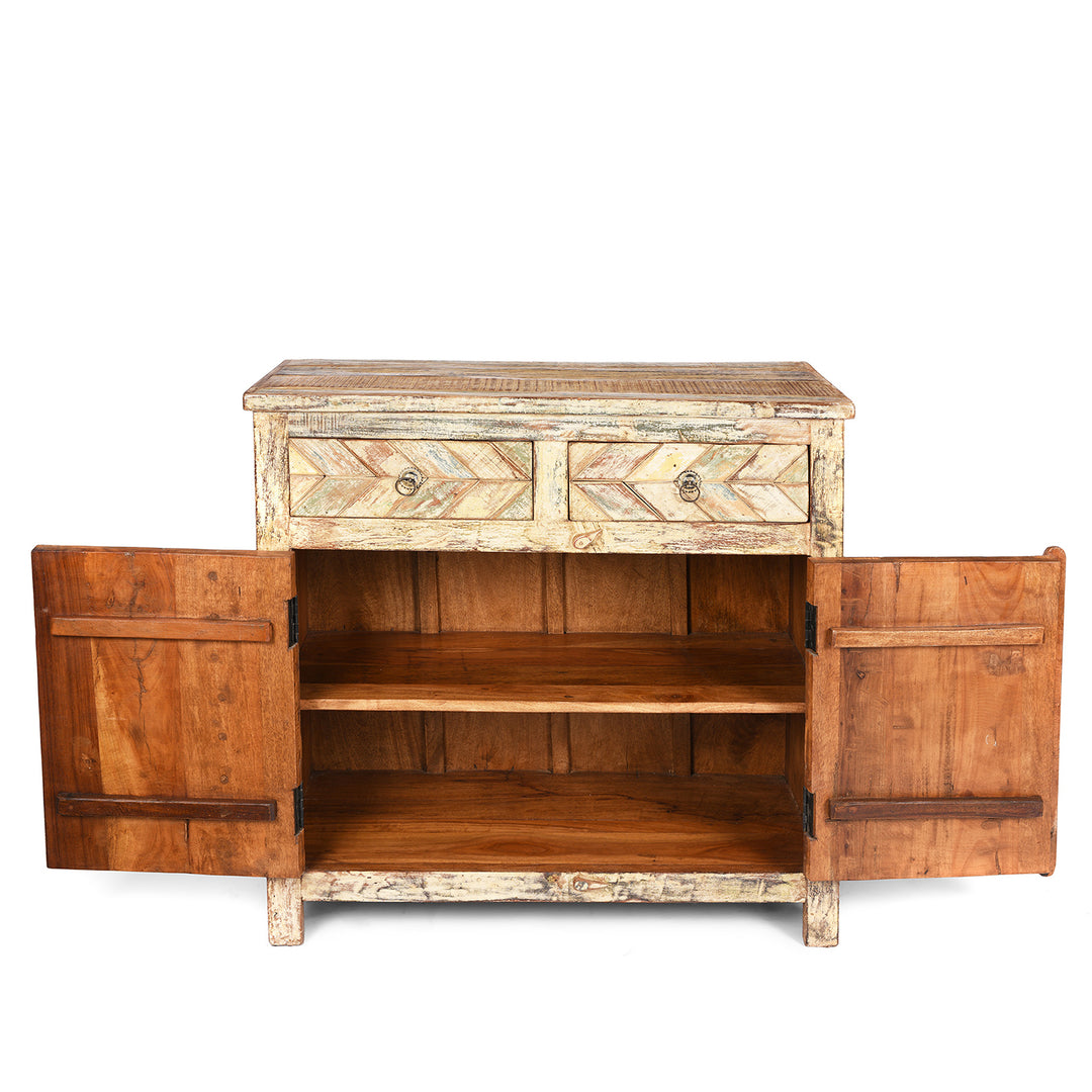 Interior View Of Reclaimed 2 Door Indian Parquet Teak Side Cabinet | Indigo Antiques