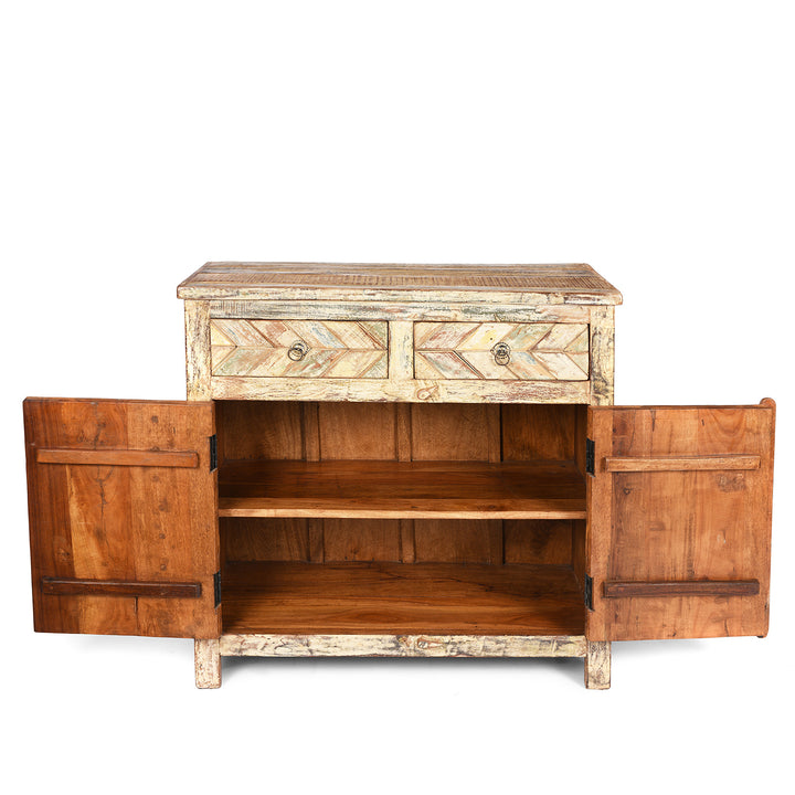 Interior View Of Reclaimed 2 Door Indian Parquet Teak Side Cabinet | Indigo Antiques