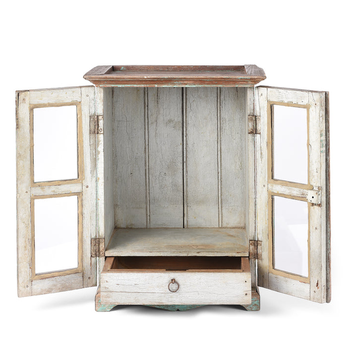 Open Doors View Of Painted Teak Glazed Wall Cabinet - Ca 1930 | Indigo Antiques