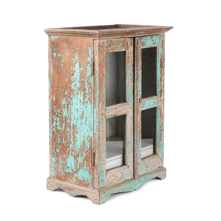 Angled View Of Painted Teak Glazed Wall Cabinet - Ca 1930 | Indigo Antiques