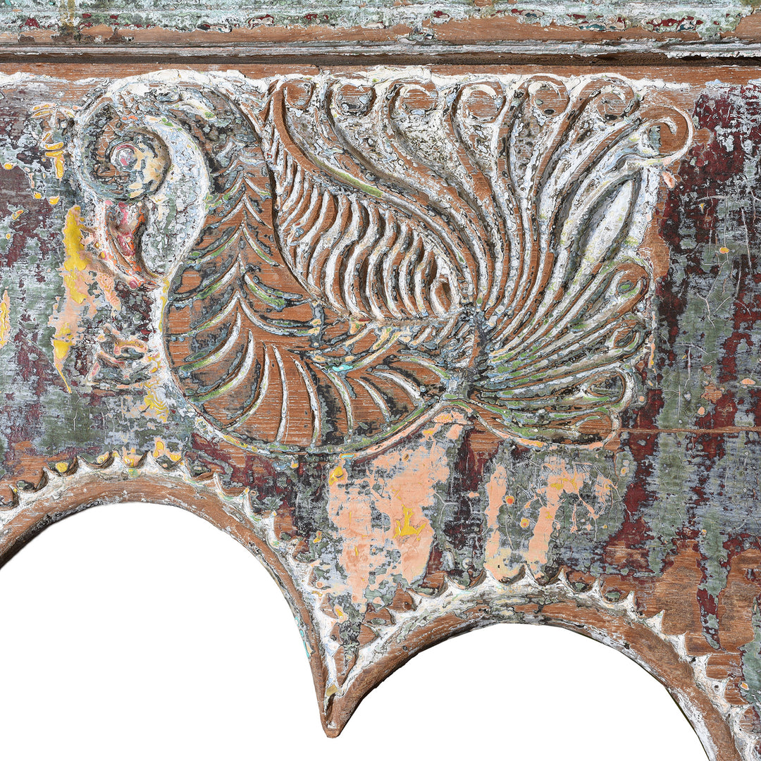 Peacock Carving Detail From Carved And Painted Teak Pavilion From Kutch - Early 19thC | Indigo Antiques