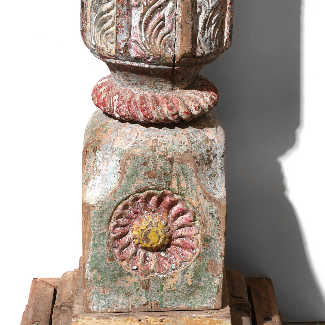 Pillar Base Carving Detail From Carved And Painted Teak Pavilion From Kutch - Early 19thC | Indigo Antiques