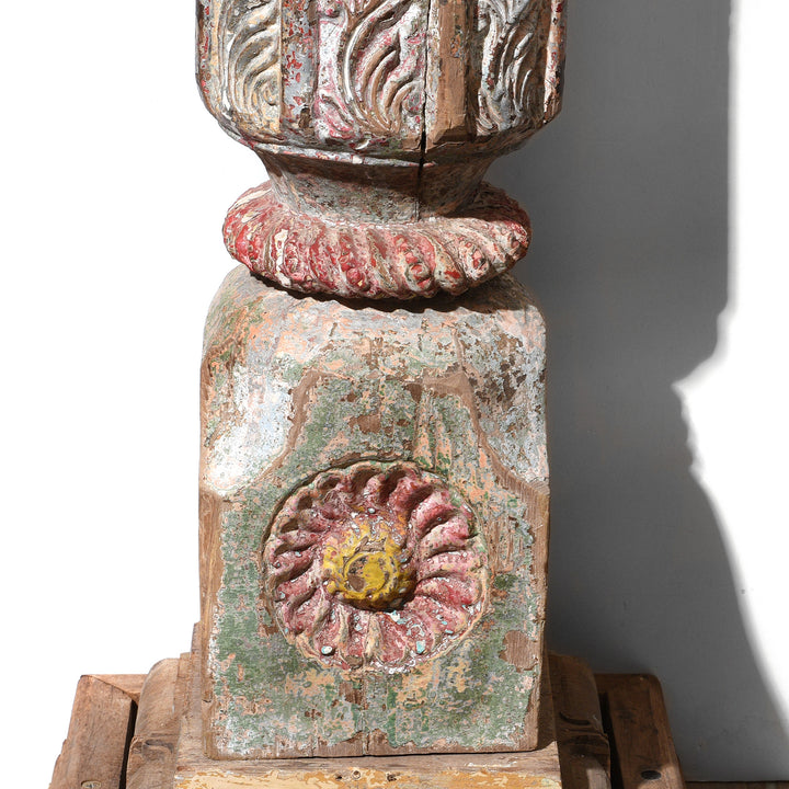 Pillar Base Carving Detail From Carved And Painted Teak Pavilion From Kutch - Early 19thC | Indigo Antiques