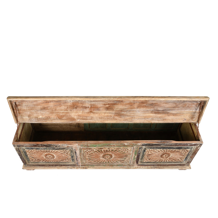 Open Lid View Of Reclaimed Teakwood Blanket Chest With Painted Finish | Indigo Antiques