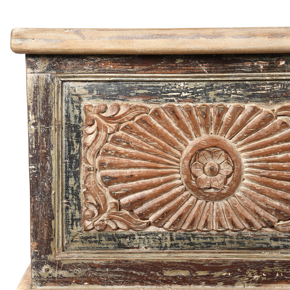 Corner Detail From Reclaimed Teakwood Blanket Chest With Painted Finish | Indigo Antiques