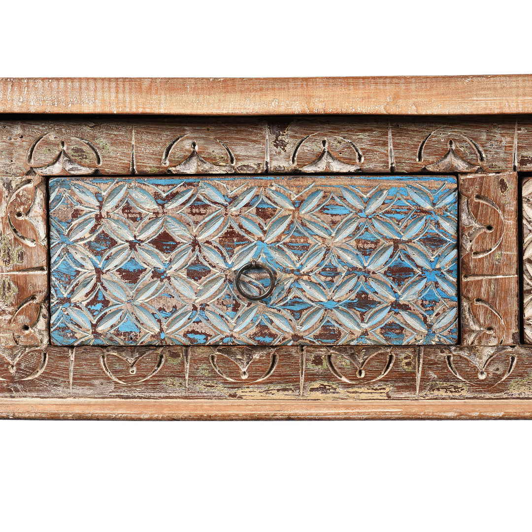 Drawer Detail From Reclaimed Four Drawer Teakwood Console Table With Painted Finish | Indigo Antiques