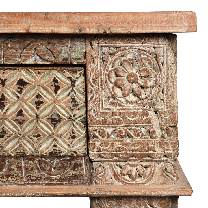 Carving Detail From Reclaimed Four Drawer Teakwood Console Table With Painted Finish | Indigo Antiques