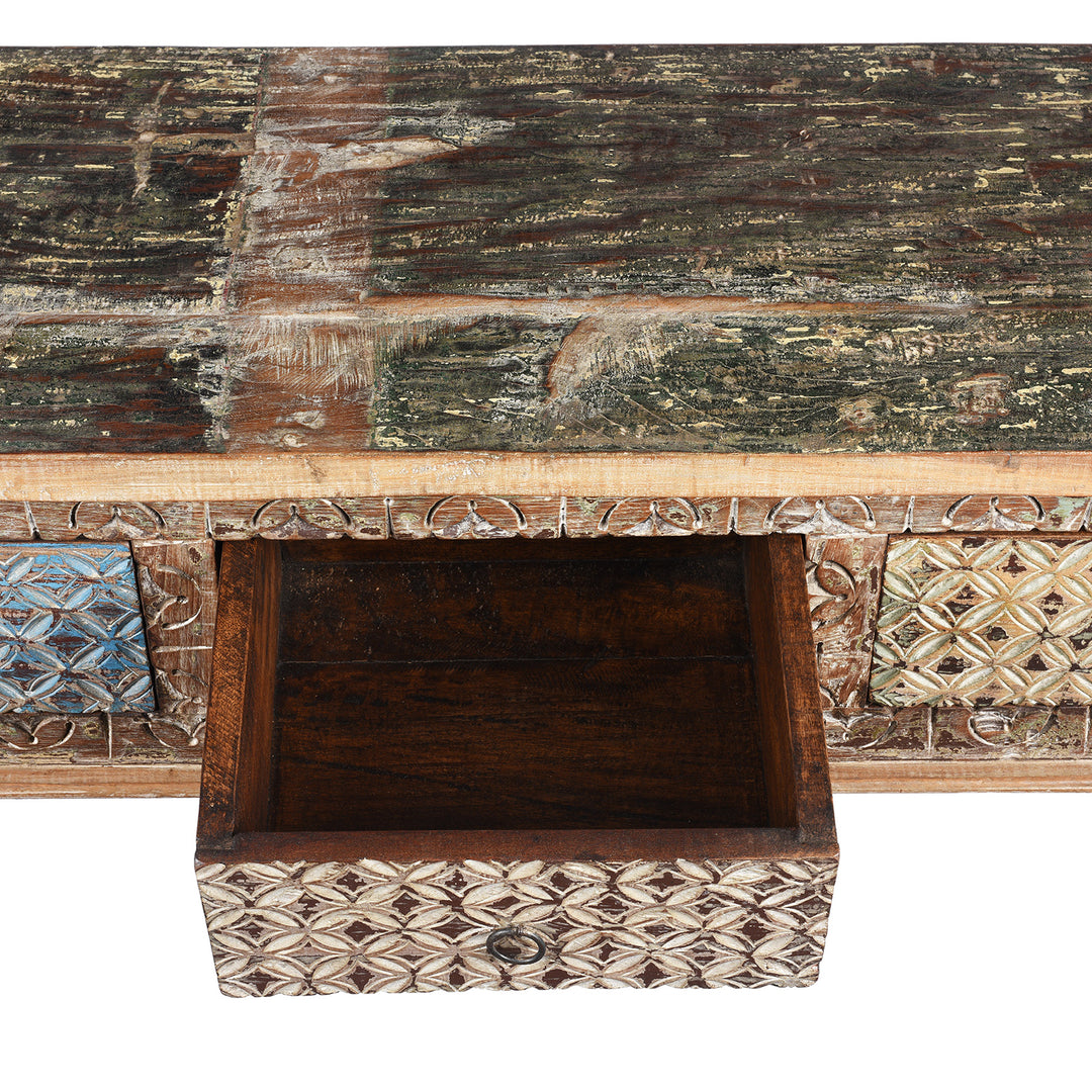 Drawer Detail From Reclaimed Four Drawer Teakwood Console Table With Painted Finish | Indigo Antiques