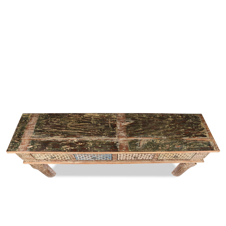 Top Down View Of Reclaimed Four Drawer Teakwood Console Table With Painted Finish | Indigo Antiques
