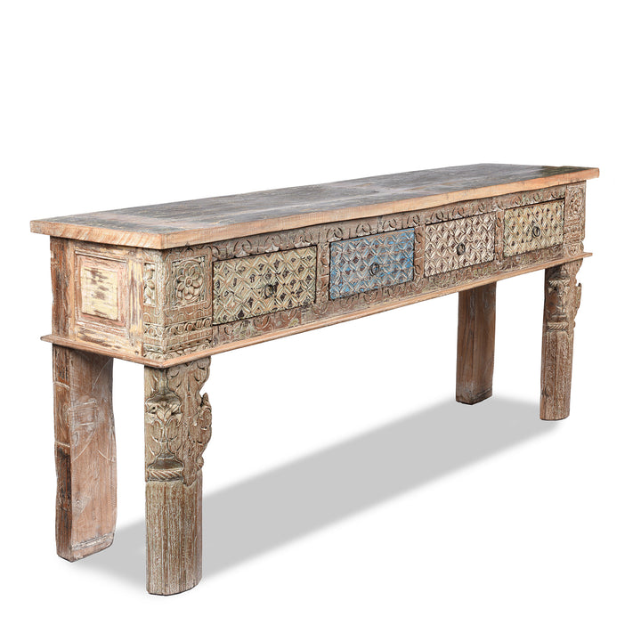 Angled View Of Reclaimed Four Drawer Teakwood Console Table With Painted Finish | Indigo Antiques