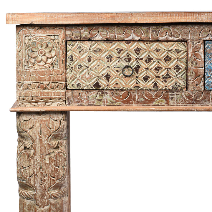Corner Detail From Reclaimed Four Drawer Teakwood Console Table With Painted Finish | Indigo Antiques