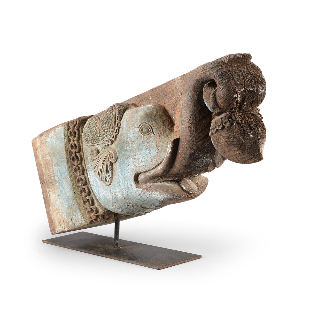 Angled View Of Antique Carved Teak Elephant Corbel From Andhra Pradesh - 19th Century | Indigo Antiques