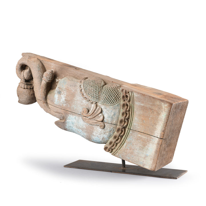 Angled View Of Antique Carved Teak Elephant Corbel From Andhra Pradesh - 19th Century | Indigo Antiques