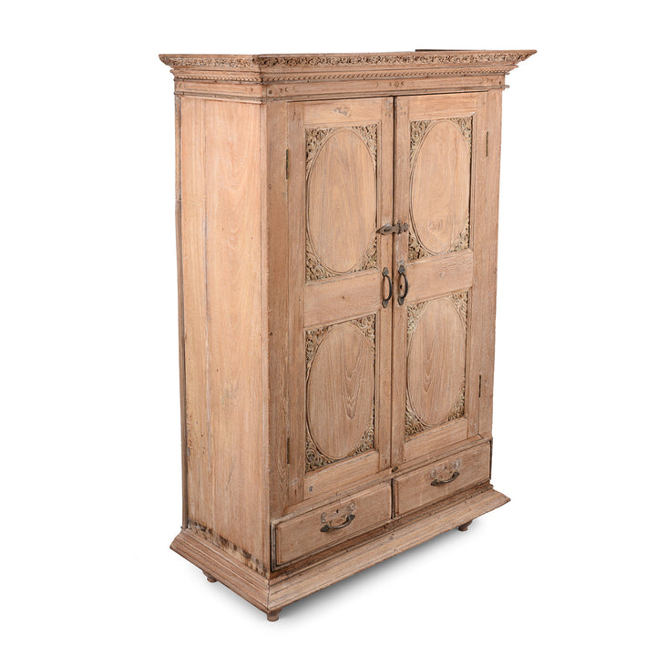 Angled View Of Antique Bleached Teak Almirah Cabinet From Gujarat - 19th Century | Indigo Antiques