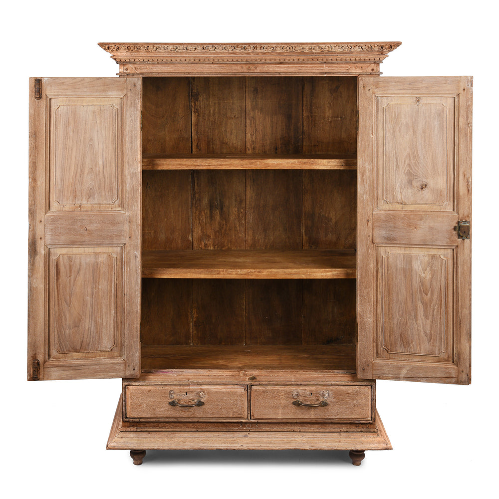 Open Doors View Of Antique Bleached Teak Indian Almirah Cabinet From Gujarat - 19th Century | Indigo Antiques