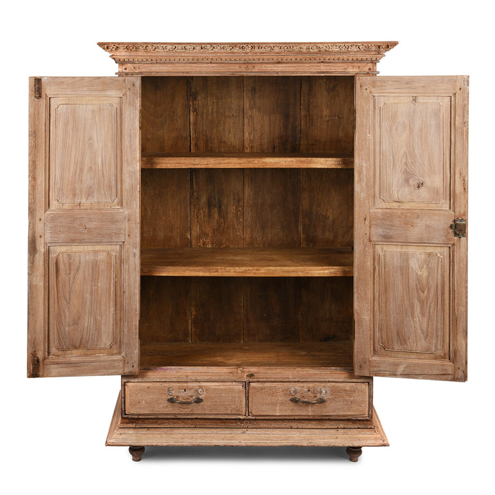 Open Doors View Of Antique Bleached Teak Indian Almirah Cabinet From Gujarat - 19th Century | Indigo Antiques
