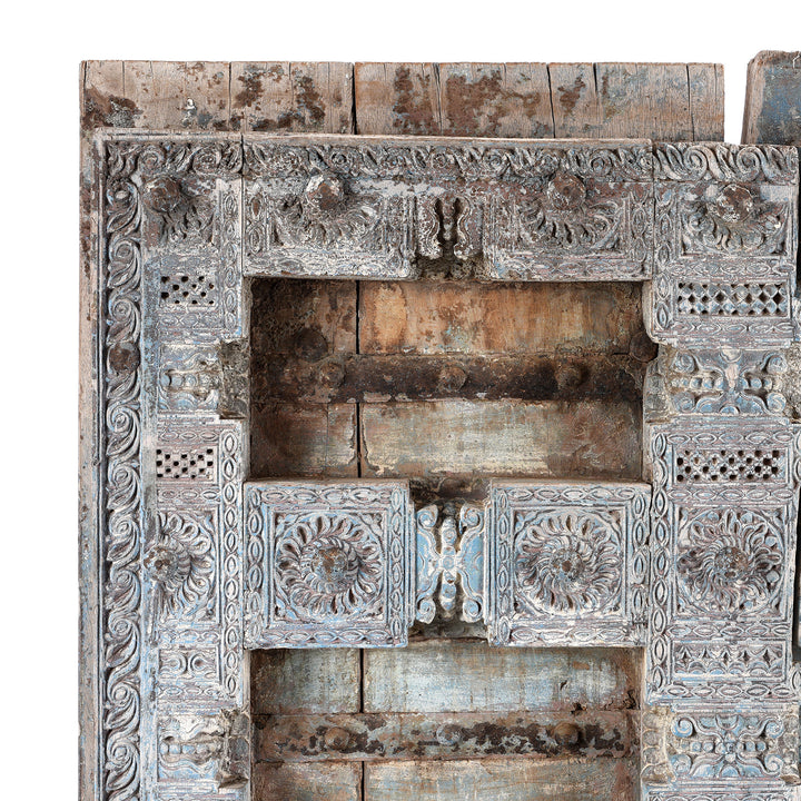 Corner Detail From Antique Carved Painted Teak Door From Gujarat - 19th Century | Indigo Antiques