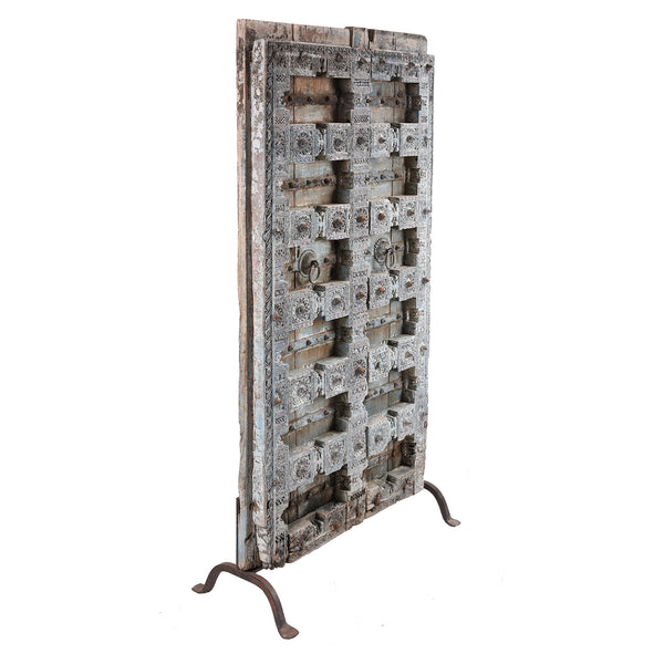 Blue Painted Teak Door From Kutch - 19th Century