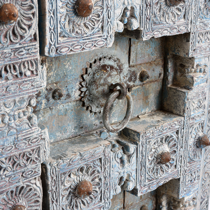 Detail From Antique Carved Painted Teak Door From Gujarat - 19th Century | Indigo Antiques