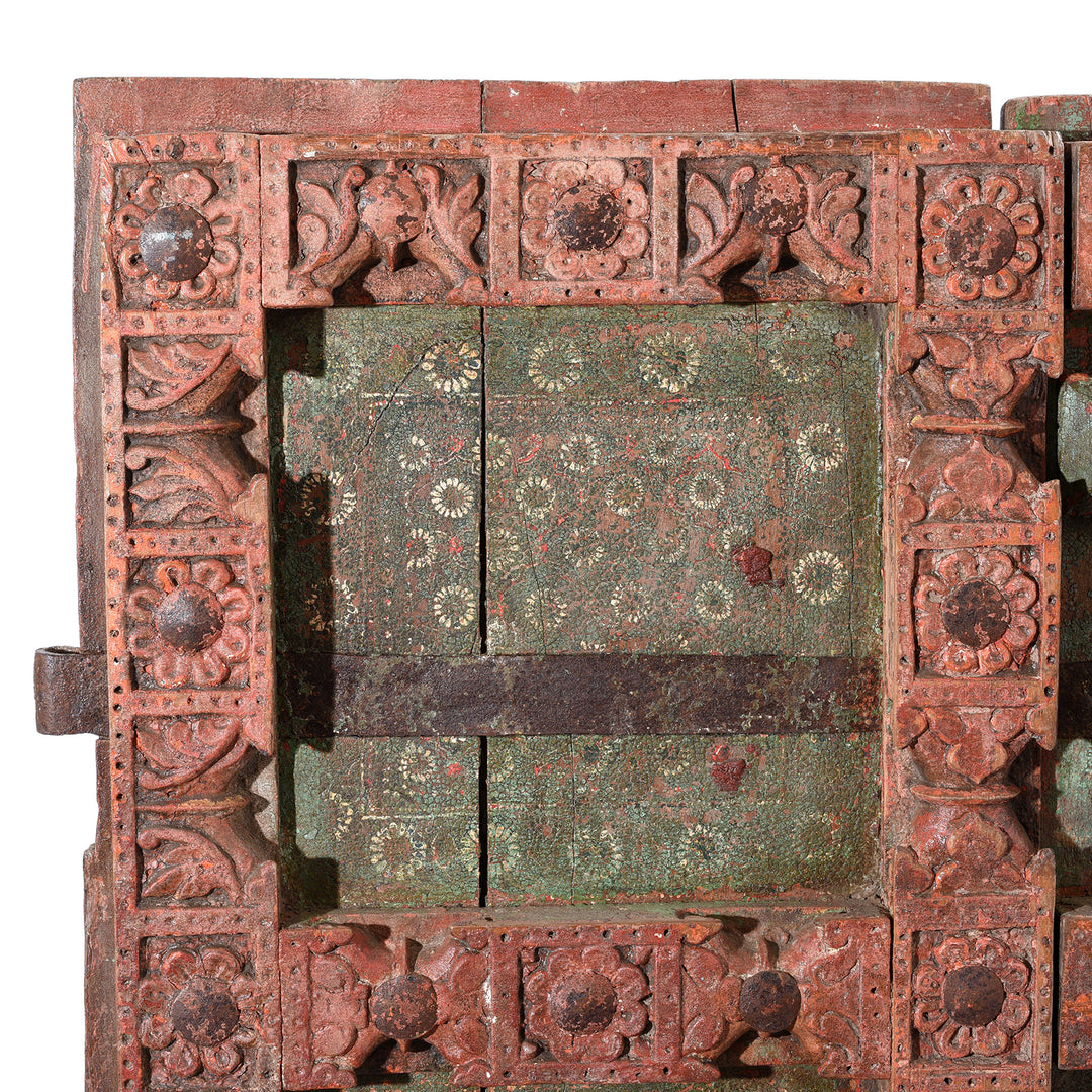 Corner Detail From Antique Carved Door With Original Paint From Gujarat - 19thC | Indigo Antiques