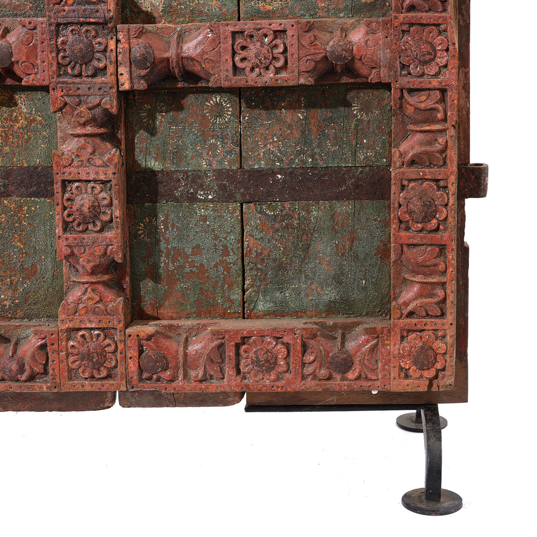 Leg Detail From Antique Carved Door With Original Paint From Gujarat - 19thC | Indigo Antiques