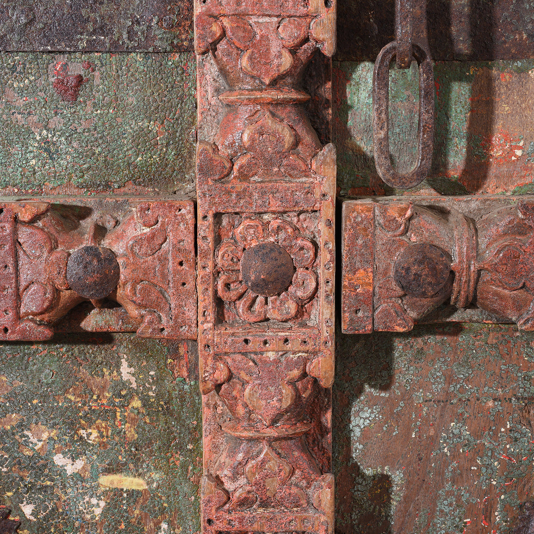 Detail From Antique Carved Door With Original Paint From Gujarat - 19thC | Indigo Antiques