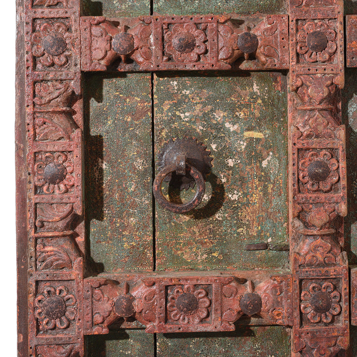 Knocker Detail From Antique Carved Door With Original Paint From Gujarat - 19thC | Indigo Antiques