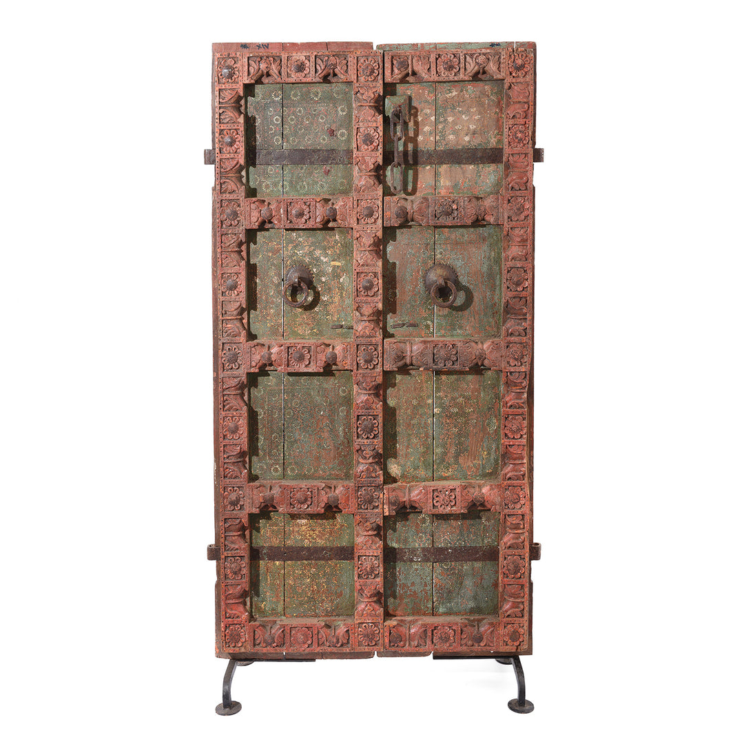 Antique Carved Door With Original Paint From Gujarat - 19thC | Indigo Antiques