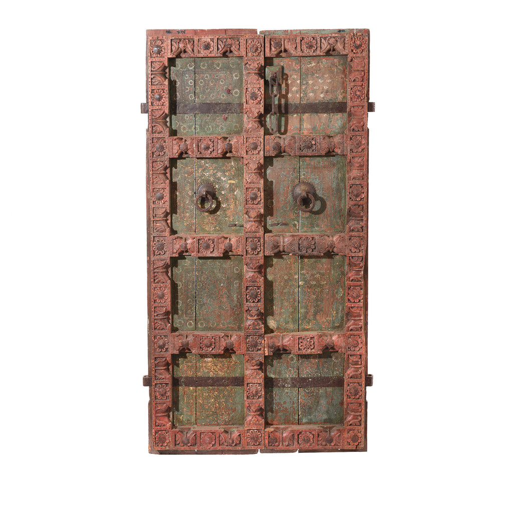 Carved Door With Original Paint From Gujarat - 19thC