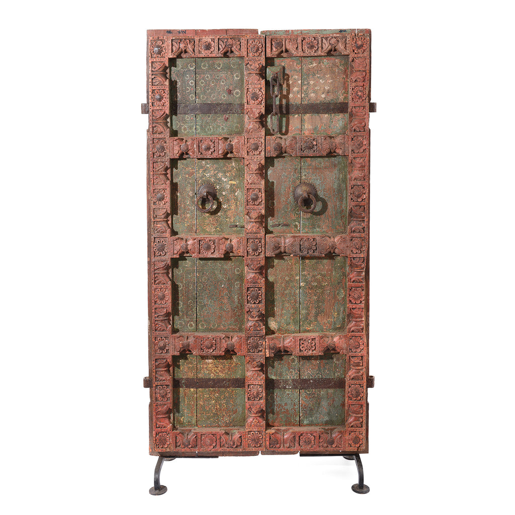 Carved Door With Original Paint From Gujarat - 19thC