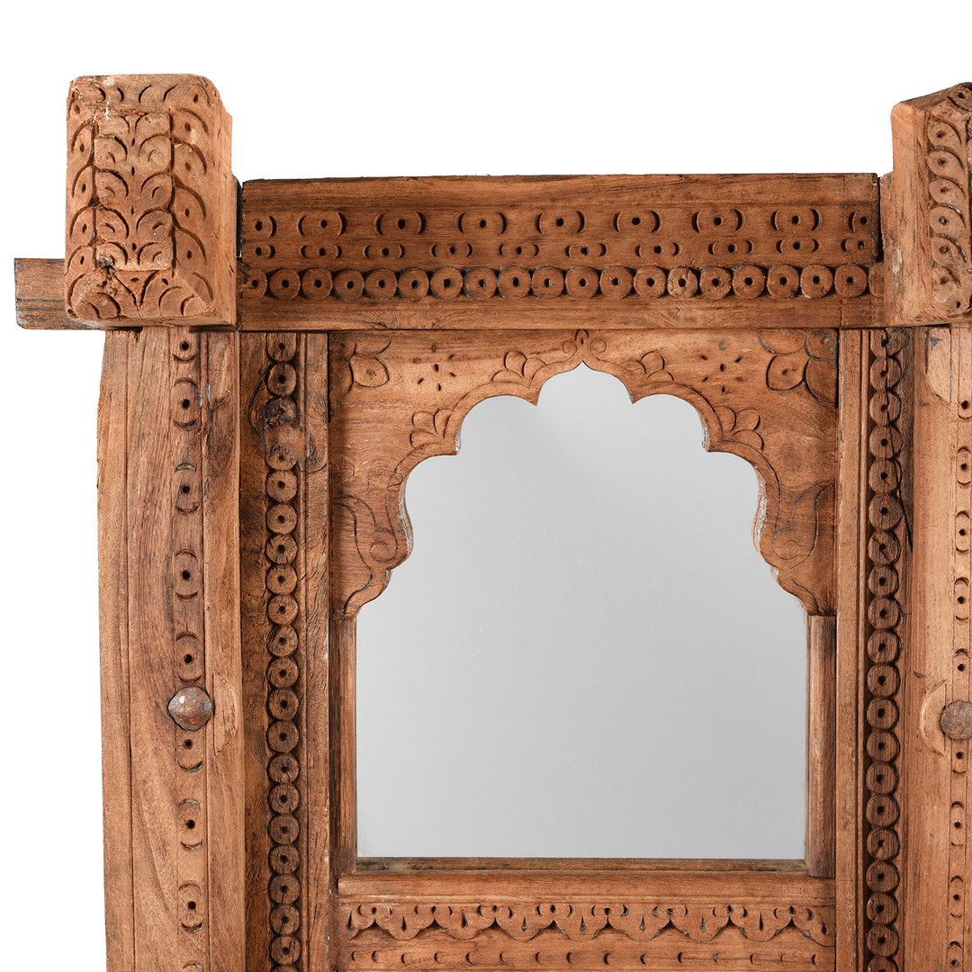 Corner Detail From Antique Carved Teak  Window Mirror From Nagaur - 19th Century | Indigo Antiques