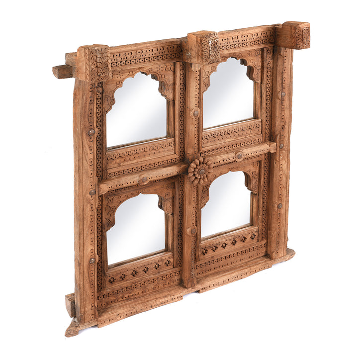 Angled View Antique Carved Teak  Window Mirror From Nagaur - 19th Century | Indigo Antiques