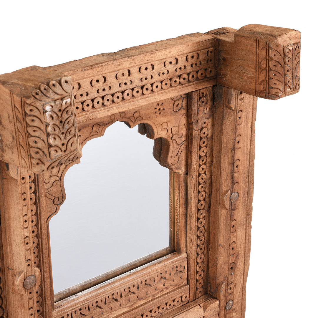 Detail From Antique Carved Teak  Window Mirror From Nagaur - 19th Century | Indigo Antiques
