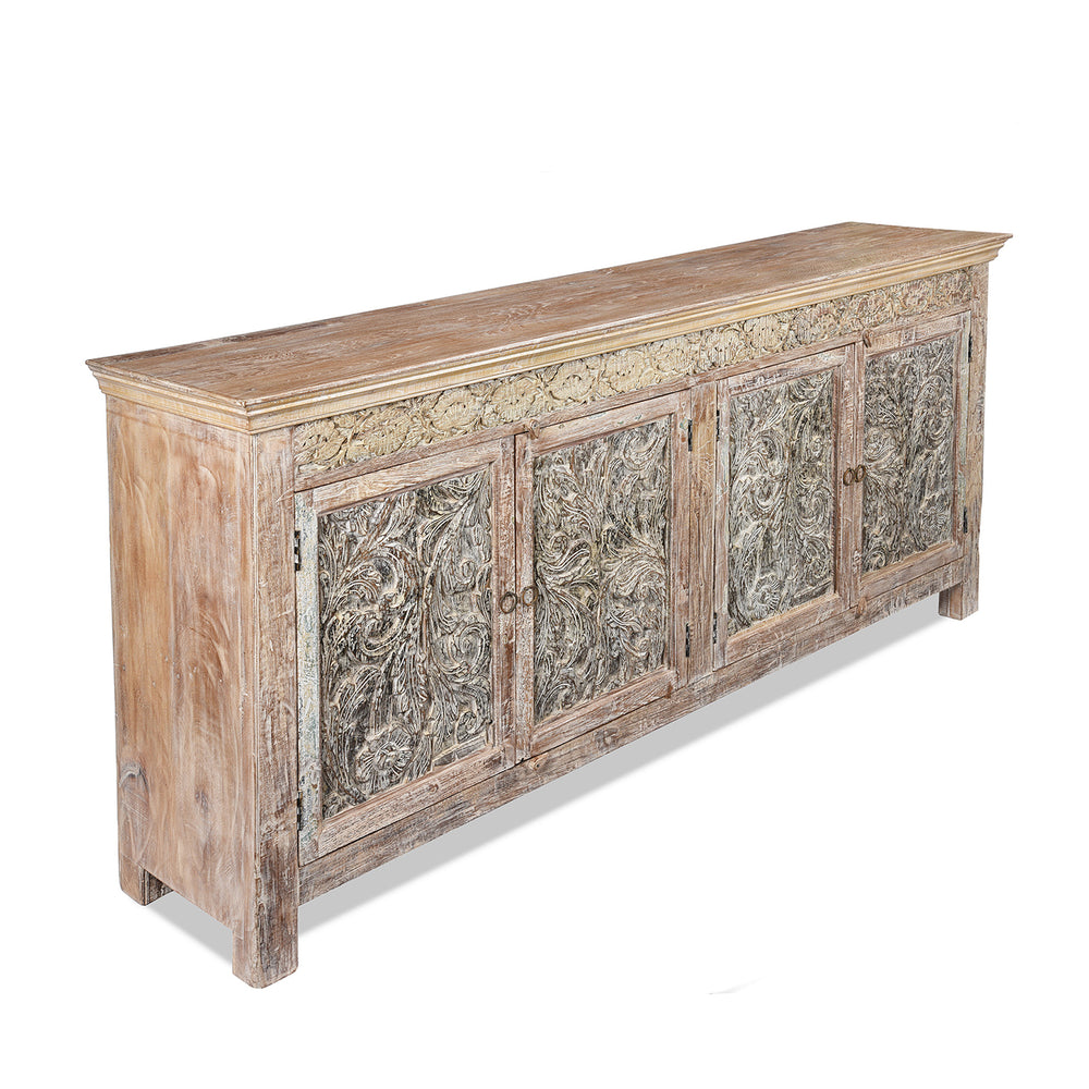 Angled View Of 4 Door Sideboard Made From Reclaimed Teak | Indigo Antiques