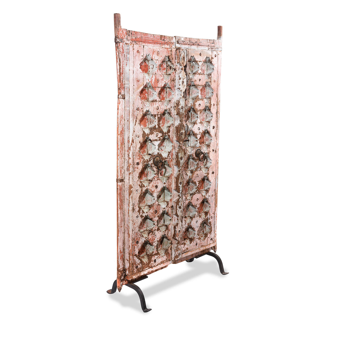 Angled VIew Of Painted Carved Door From Gujarat - 18thC | Indigo Antiques