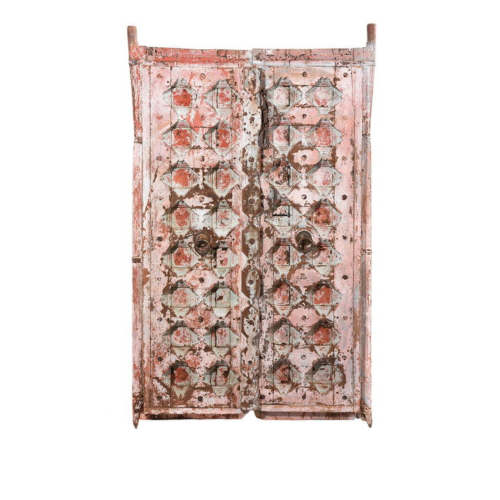 No Stand Pink Painted Carved Door From Gujarat With Stepwell Design - 18thC | Indigo Antiques