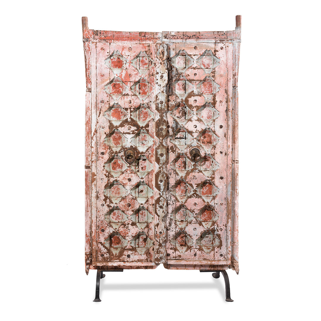 Pink Painted Carved Door From Gujarat With Stepwell Design - 18thC | Indigo Antiques