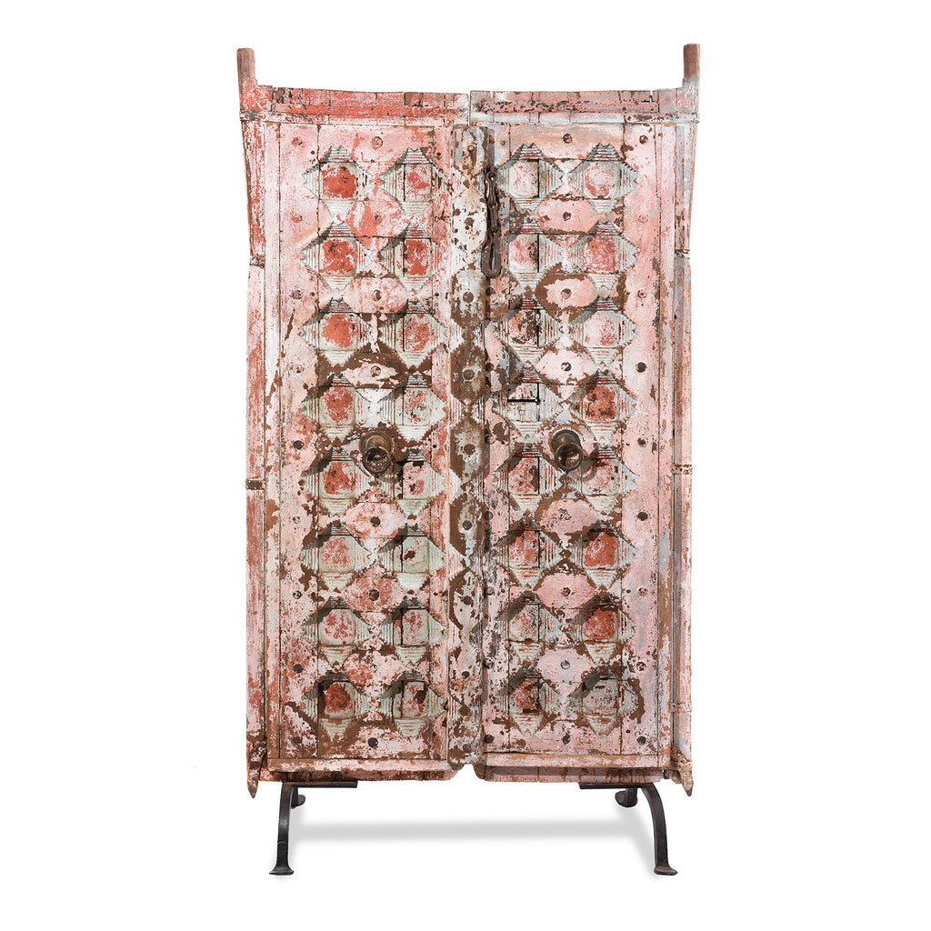 Pink Painted Carved Door From Gujarat - 18thC