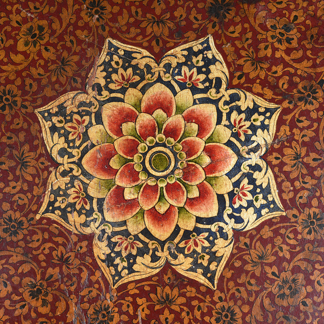 Nava Padma Mandala Polychrome Design on an Antique Indian Bajot Prayer Table | Indigo Antiques