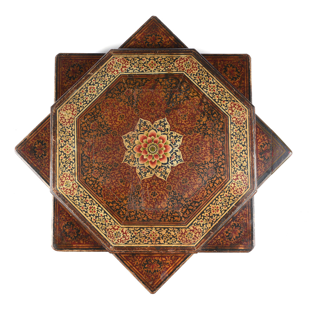 Top Down View Of Antique Painted Star Bajot Low Prayer Table From Rajasthan - 19th Century | Indigo Antiques