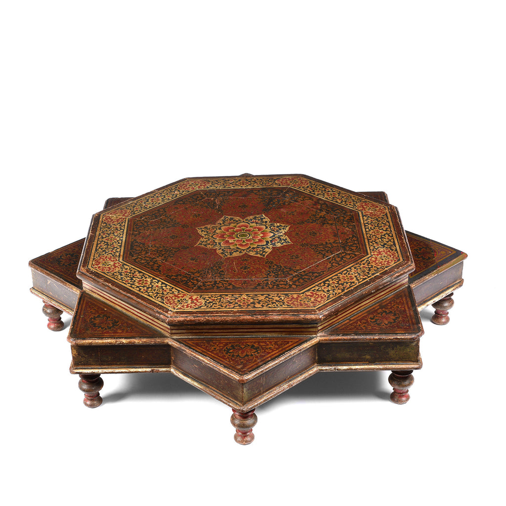 Painted Star Bajot Low Prayer Table From Rajasthan - 19th Century